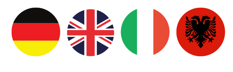 Flaggen von Deutschland, Großbritannien, Italien und Albanien in Kreisform.